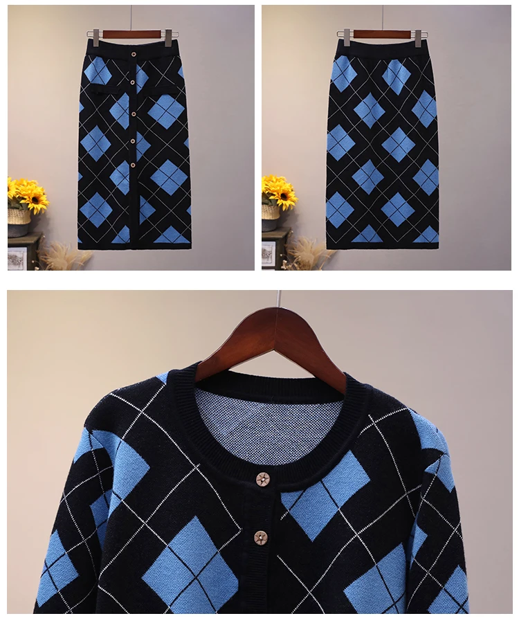

New Winter Fashion 2 Pcs Women Set Single Breasted Cardigan Geometric Patterns Print Knit Sweater + High Waist Long Skirt Suit