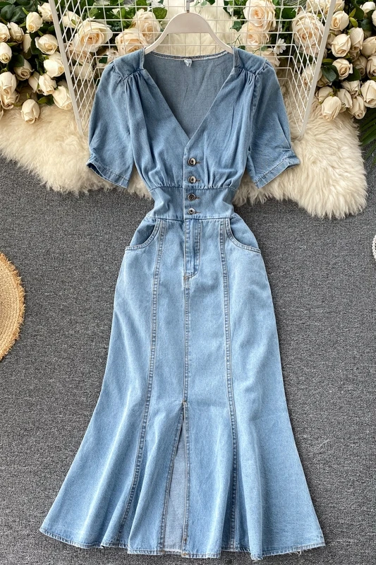 

denim dress 2020 summer korean fashion ladies dresses vintage casual solid color v-neck elegant ruffled long dress women