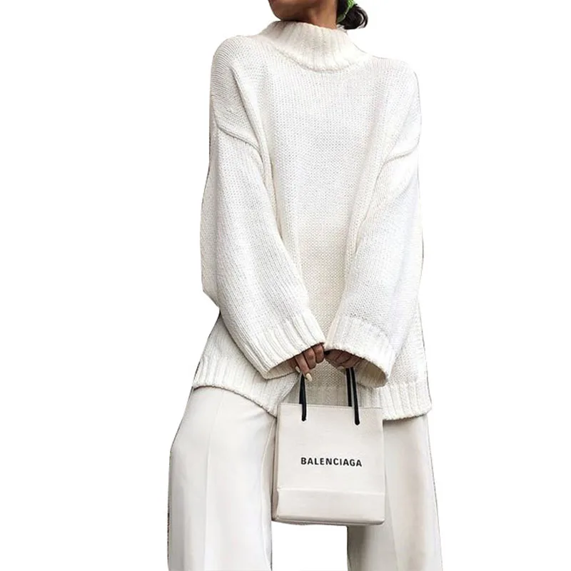 

Turtleneck White Loose Knitted Split Casual Sweater Pullover Women Autumn Winter High Street Female Jumper Long Sleeve Top