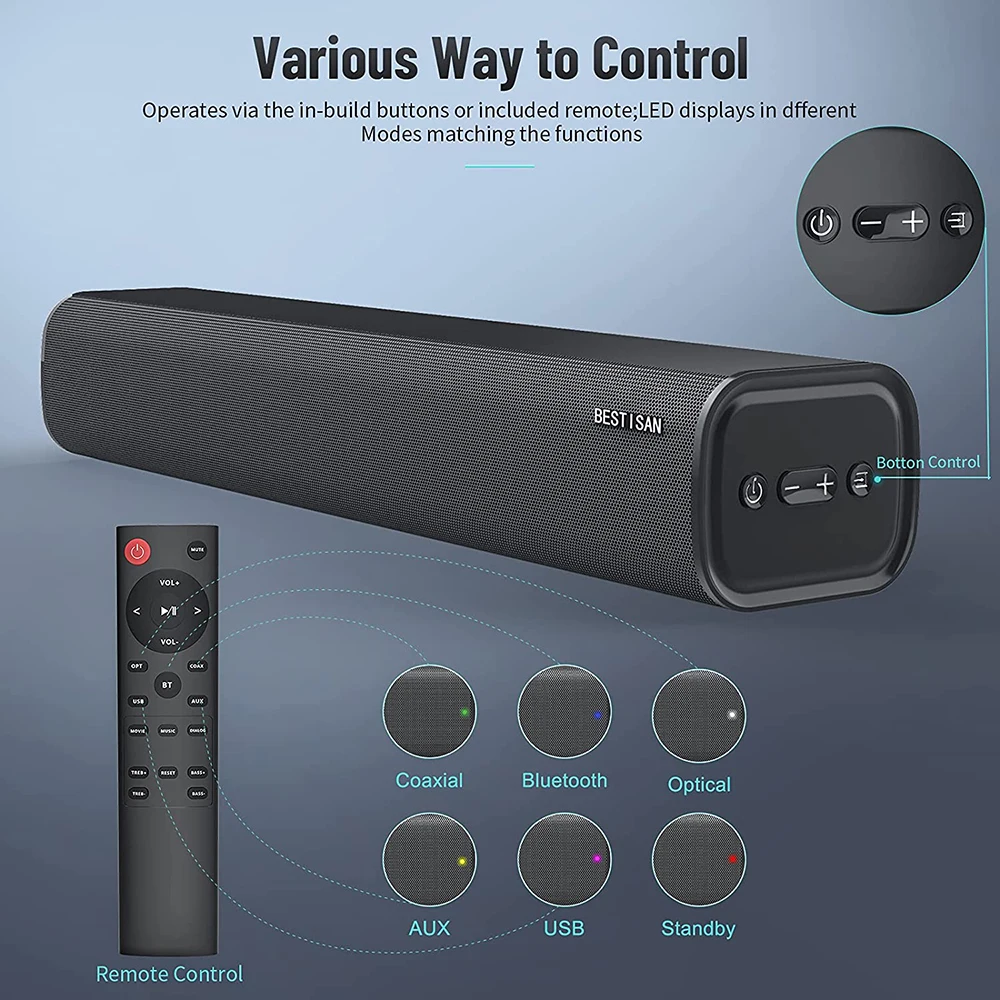 60W Soundbar HiFi Speaker 2.0 Home Theater Sound System Bluetooth Subwoofer bar Support USB Optical Coax For TV PC - купить по