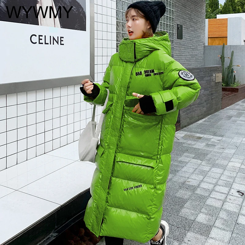 WYWMY Women Winter Jacket X-Long Parkas Ladies Coat Oversized Hooded Winter Jacket Women Glossy Thick Down Cotton Padded Jacket