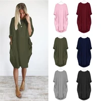 loose dress women casual clothes party spring autumn long top plus size pocket solid long sleeve o neck runway robe fille 5xl