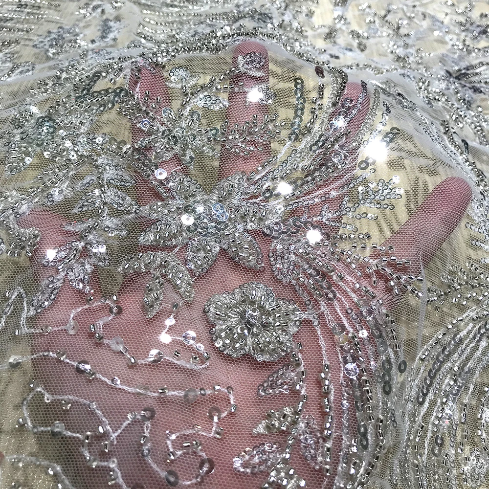 

High Quality Swiss African Mesh Sequin Guipure Beaded Embroidery Lace Fabric Trims for Sewing Glitter Party Dress Cloth New 2021