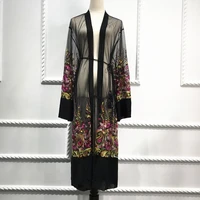 long shirt women kimono mujer floral embroidery chiffon mesh blouse cardigan clothing ropa vetement robe chemise femme