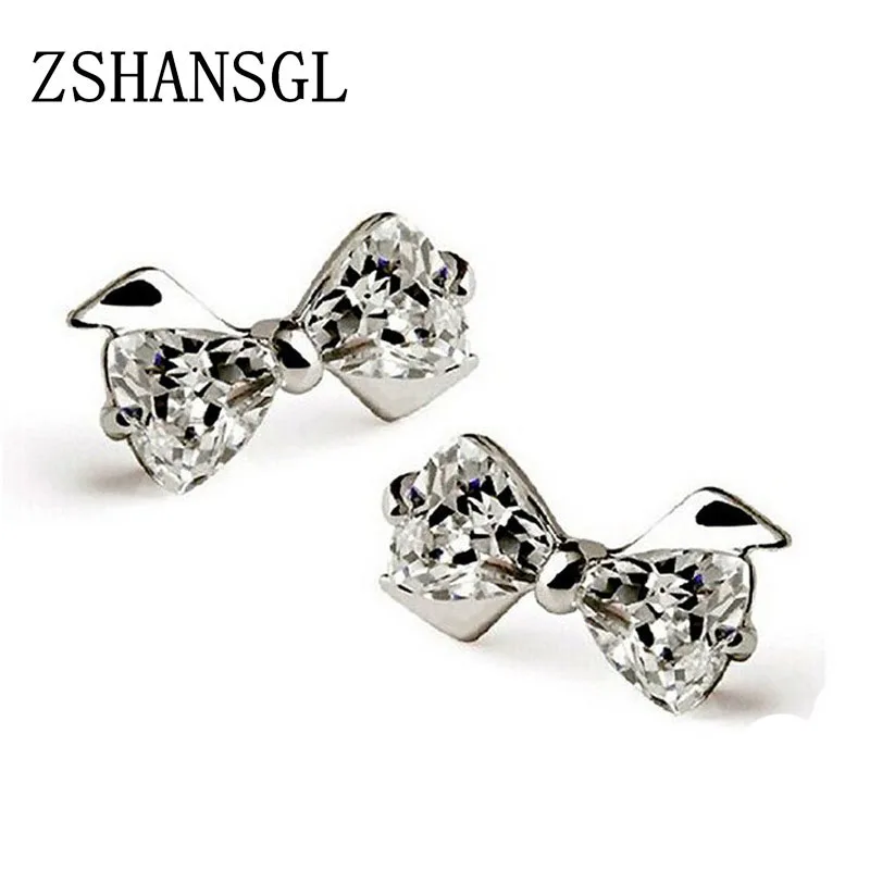 Изящные однотонные Серебристые сверкающие серьги гвоздики с бантом и