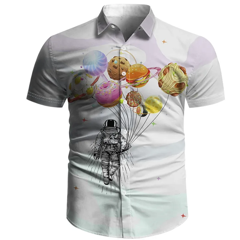 

Fashion summer men's shirt button down fine dye cloth mixed print 3D astronaut style travel shirt Unisex travel shirt