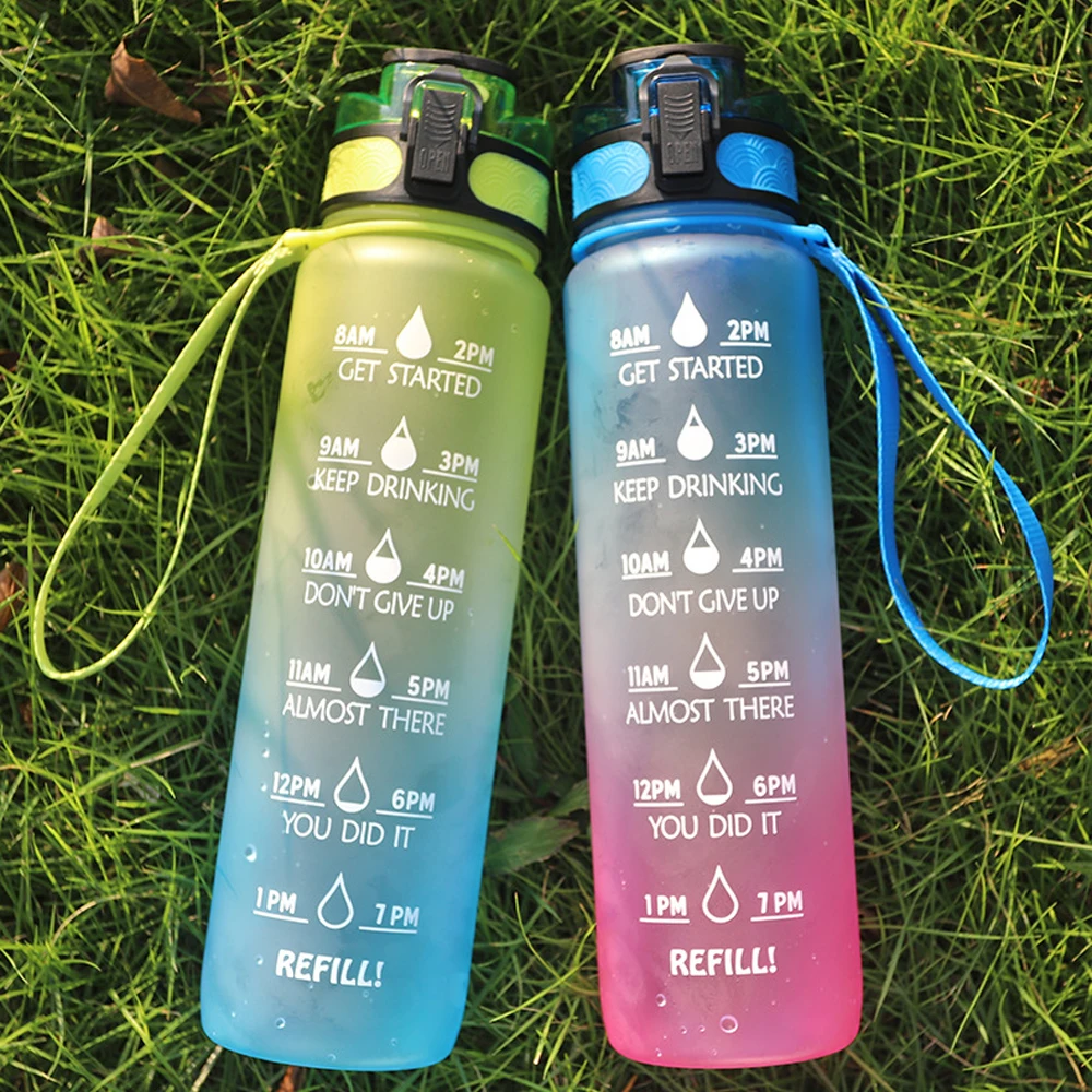 

1000ml Water Bottle Food Grade PP With Time Marker Fitness Matte Sport Water Bottle For Outdoor Cycling Workout Hiking