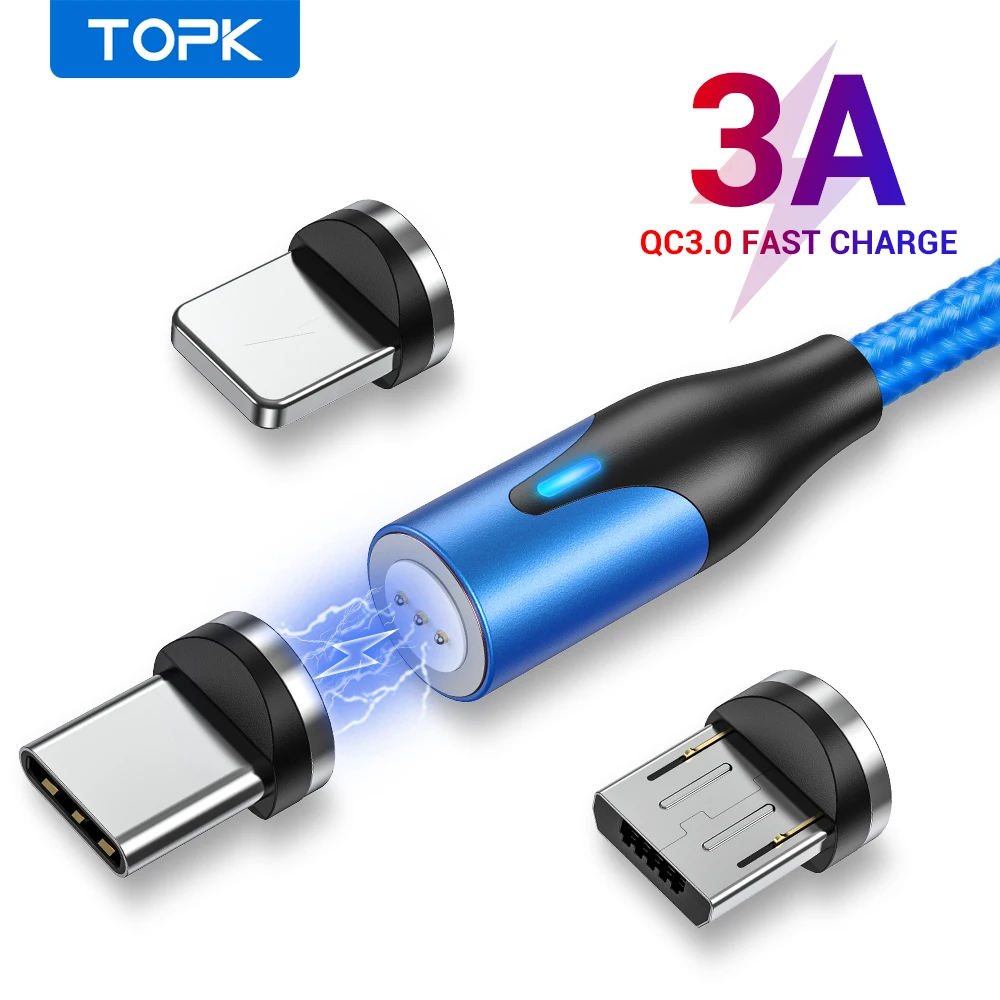 Зарядный кабель TOPK 3A USB Type C магнитный для iPhone X XS Micro быстрой зарядки Xiaomi Samsung
