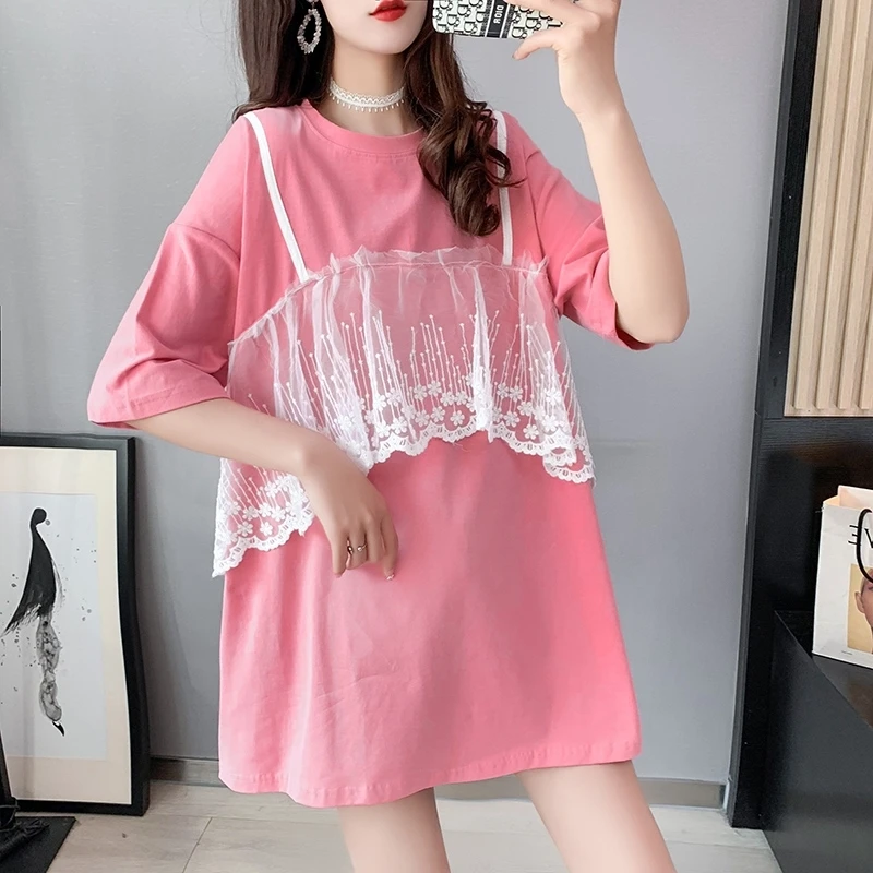 

Summer 2021 New Korean Style Loose Slimming Lace Patchwork Short-Sleeved T-shirt Women's Mid-Length Large Size Fashion for Plump