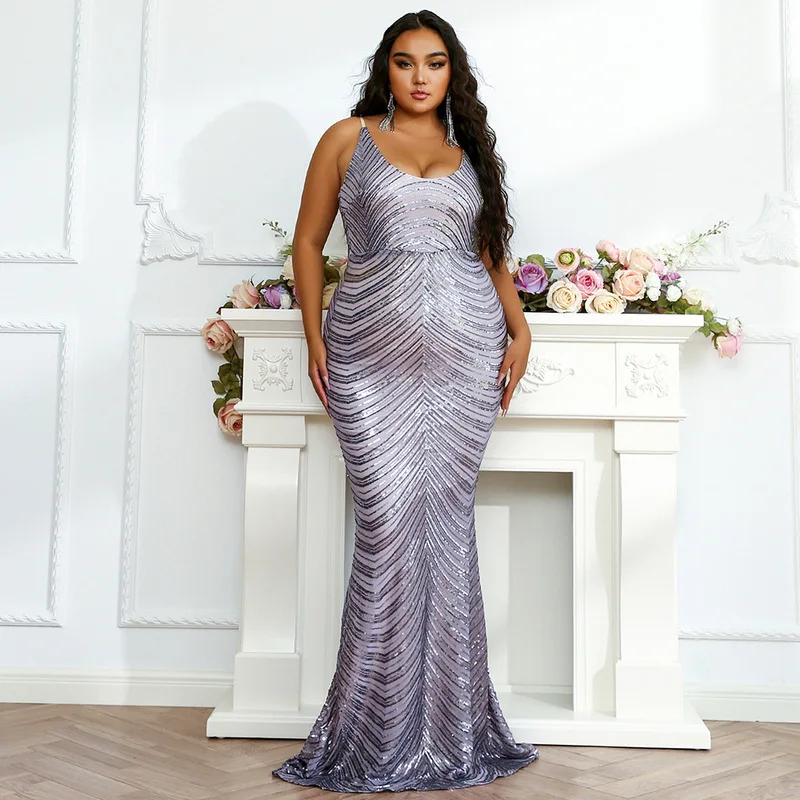 

Elegant Luxury Evening Dresses For Women 2021 New Sexy Sling Sleeveless Sequin Female Dress Plus Size African Party Clothing