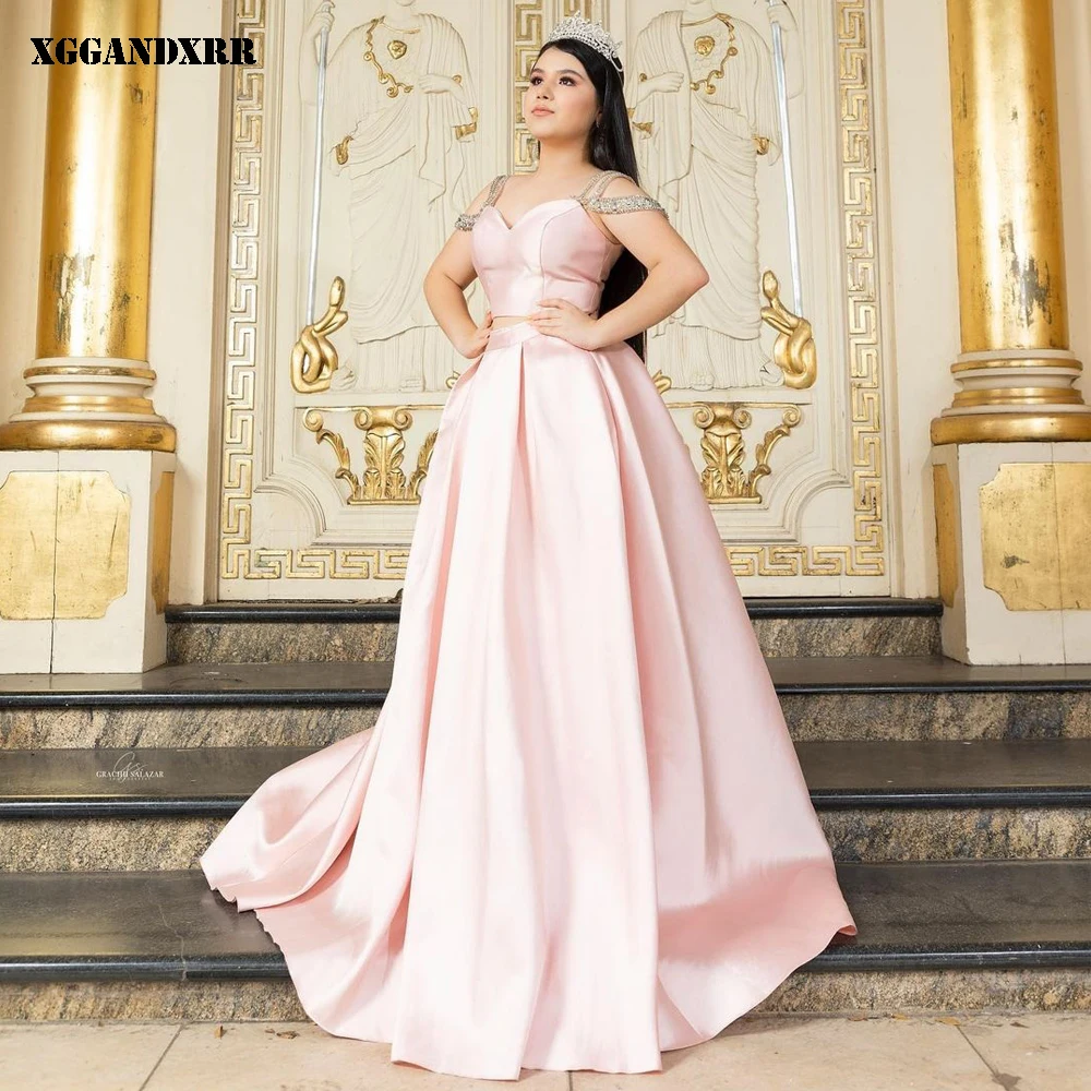 

Fashion A-Line Prom Dress 2022 Satin Two Pieces Beading Crysta Long Skirt Pink Sleeveless Prom Dress Chapel Train