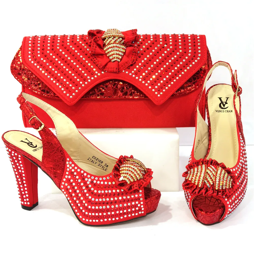 

2021 Hot Selling New Arrival In Red Color Crystal Noble and Luxury Style Women Shoes and Bag Set in Party
