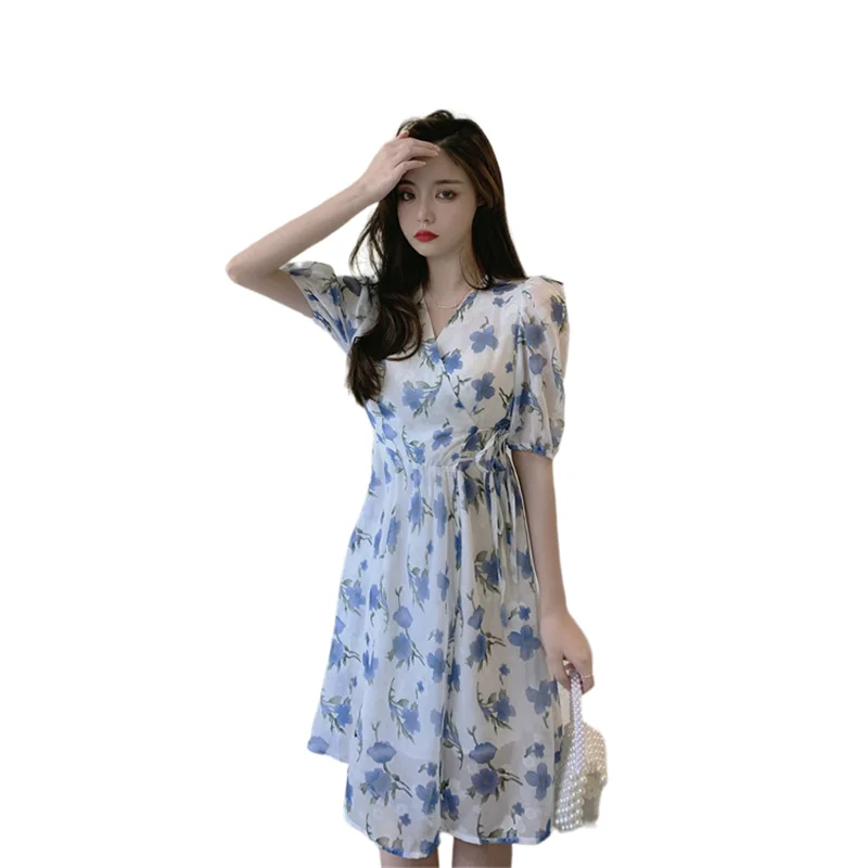 

French Tenderness V-Neck Floral Dress Women'S Spring And Autumn Summer New Style 2021 Waist Thin Split Dress A173