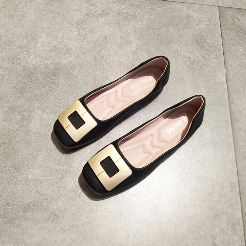 

2021 Spring and Autumn Square Head Flat Bottom Shallow Mouth Soft Sole Square Buckle Comfortable Versatile Egg Roll Shoes