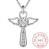 genuine 925 sterling silver jesus cross necklace fine jewelry double angel wings heart zirconia pendant necklace holiday sale