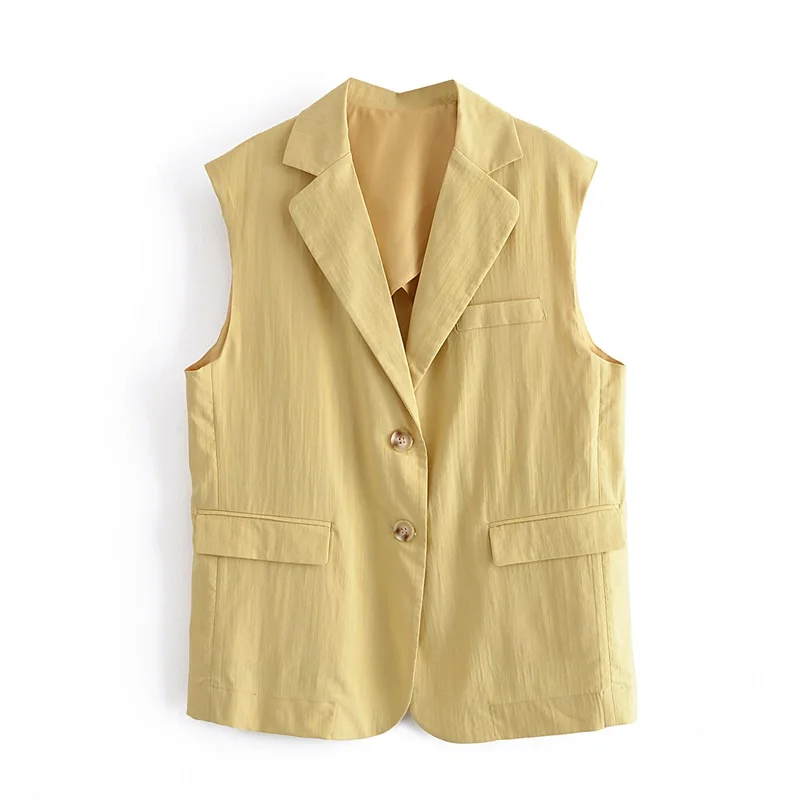 

ZXQJ Women 2021 Fashion With Pockets Oversized Linen Waistcoat Vintage Sleeveless Button-up Female Vest Coat Chic Veste
