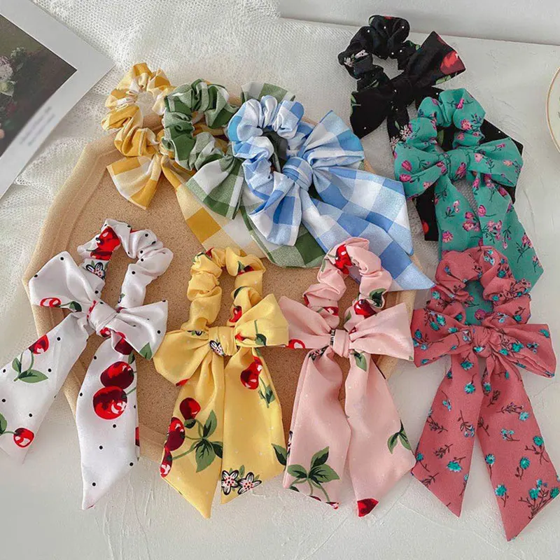 

Elastic Hair Bands Bow Knotted Hair Rope Rings Ribbon Ponytail Scarf Elastic Hairbands Cherry Floral Print Hair Scrunchies Hoop