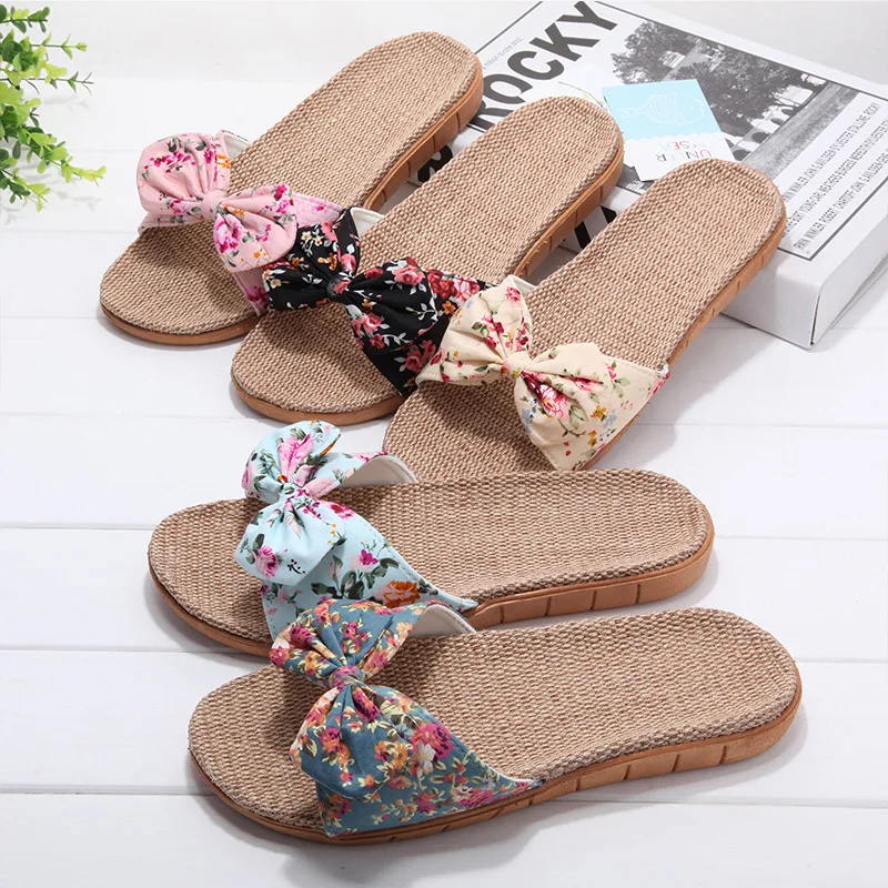 

Akexiya Women Flax Slippers Summer Casual Slides Beach Shoes Ladies Indoor Linen Slippers Bohemia Floral Bow Flip Flops Sandals