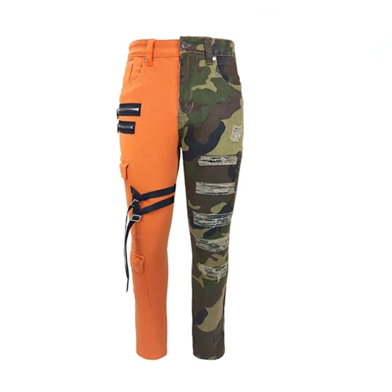 2022 Color Block Hole Ripped Hip Hop Men Slim Cargo Jeans Trousers Orange Camouflage Zipper Military Pencil Denim Pants Spodnie