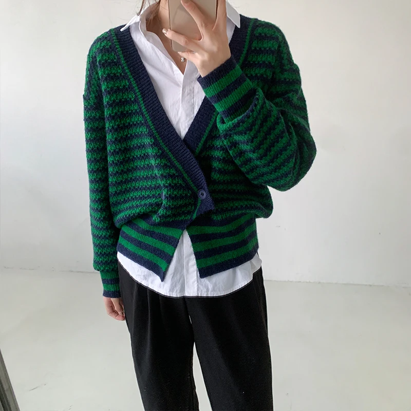 

V-neck Sweaters Autumn Winter Double Breasted Women Striped Open Stitch Sweaters Long Sleeve Female Knitted Cardigans 2021 F130
