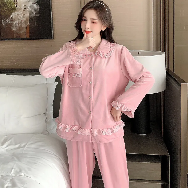 

Winter Velvet Warm 2PCS Pajamas Suit Women's Full Sleeve Lovely Home Clothes Sweet Lace Ruffles Nightwear Casual Sleepwear