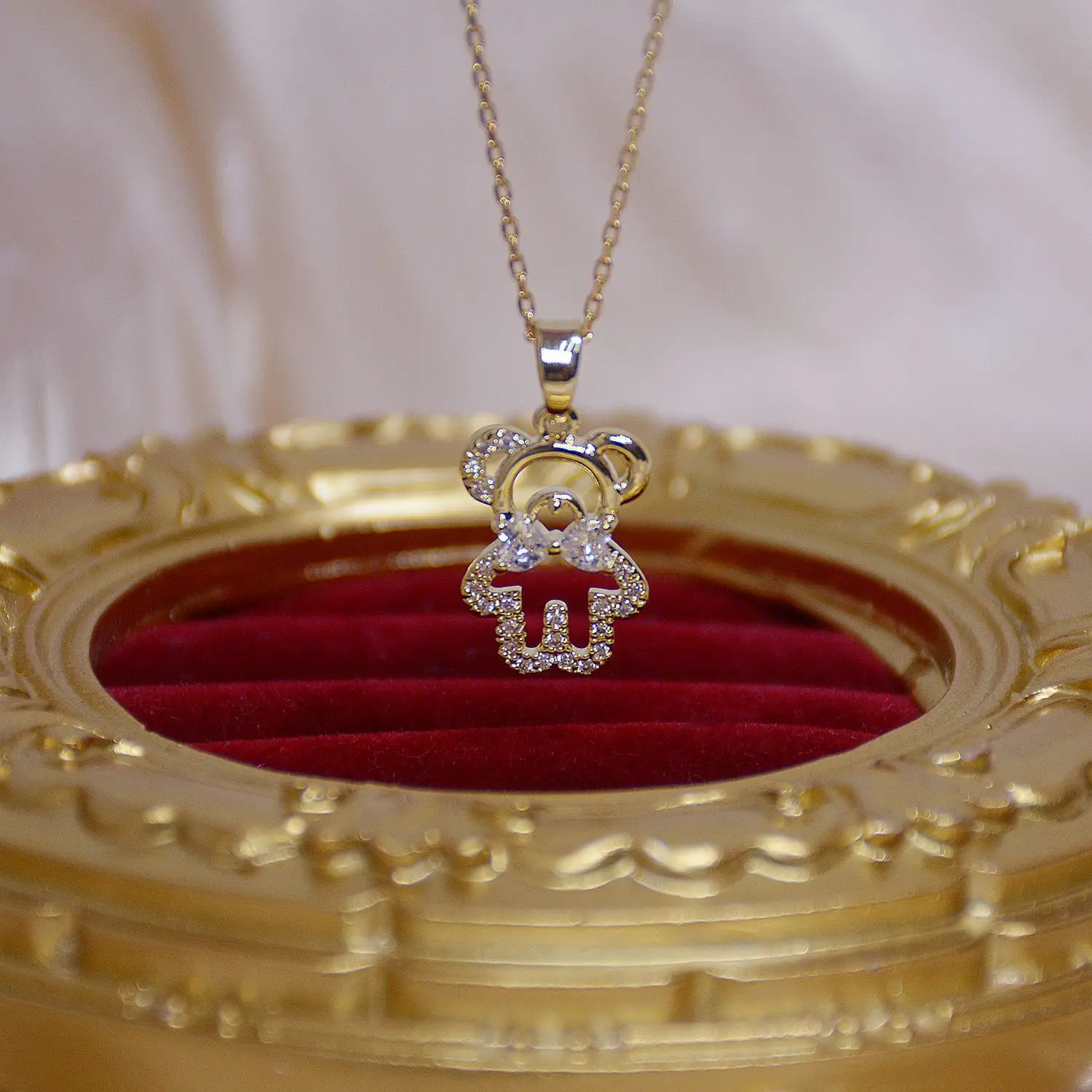 

14k Real Gold Cute Bear Necklace Crystal Zircon Necklace for Women Choker Birthday Gift Wedding Jewelry Pendant