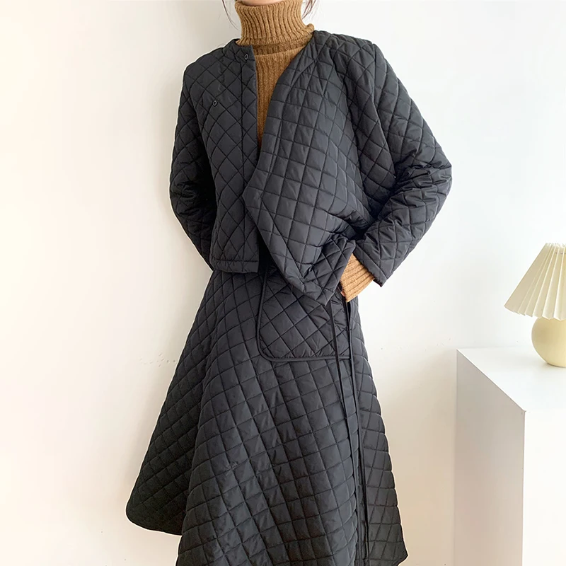 Casual Patchwork Argyle Cotton Coat  for Women O Neck Long Sleeve Casual Parkas Female Fashion New Clothing 2021 Winter