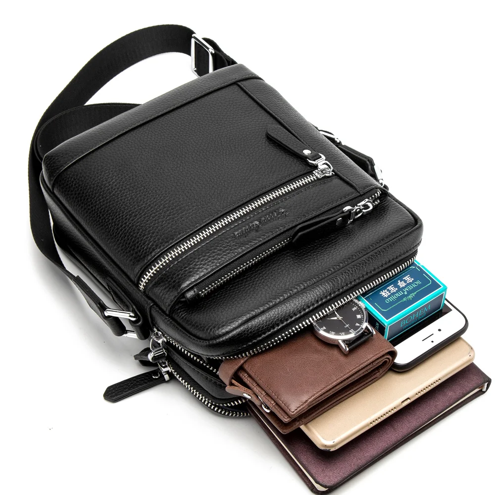 Bison Denim Fashion Black Male Bag Genuine Leather Business Crossbody Bag iPad Mens Messenger Bag cowhide Casual bolsas male