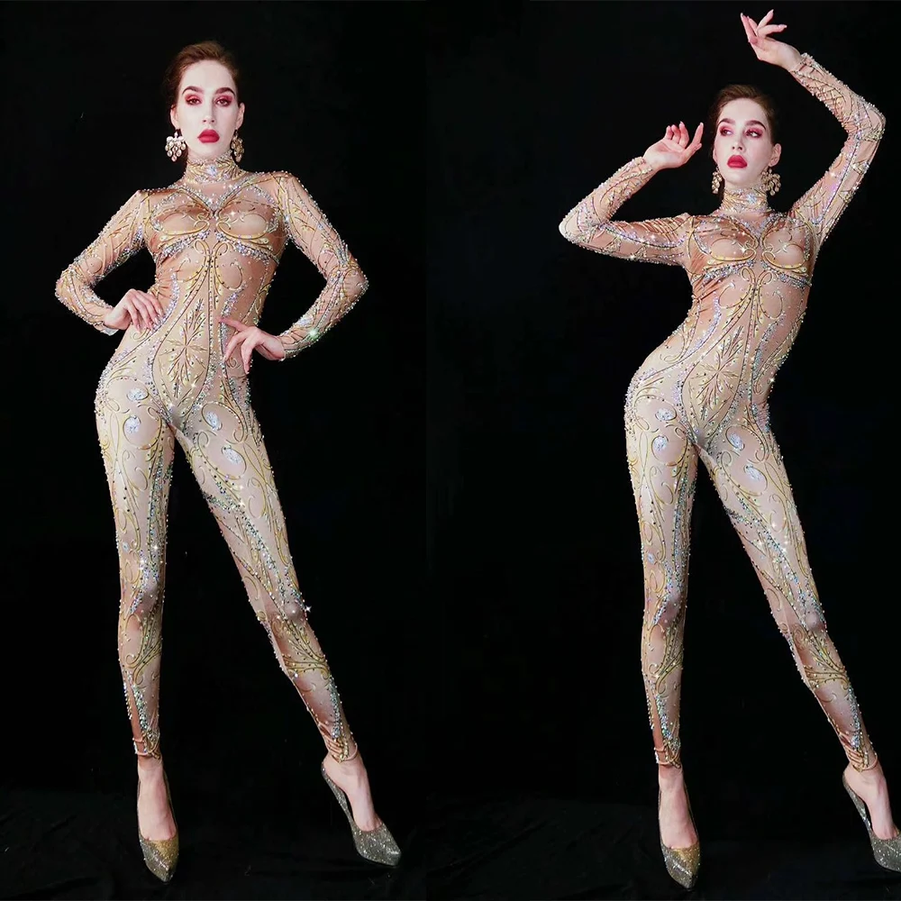 

Women Sexy Stage Big Rhinestones Stretch Skinny Jumpsuit Women Bar Dance Costume Birthday Celebrate See Through Outfit Playsuits