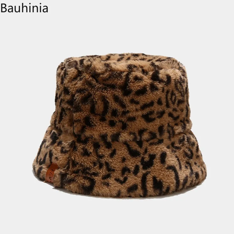 

Buahinia Fashion Faux Fur Street Style Bucket Hat Outdoor Travel Women Sun Cap Autumn Winter Unisex Leopard Print Fisherman Hat