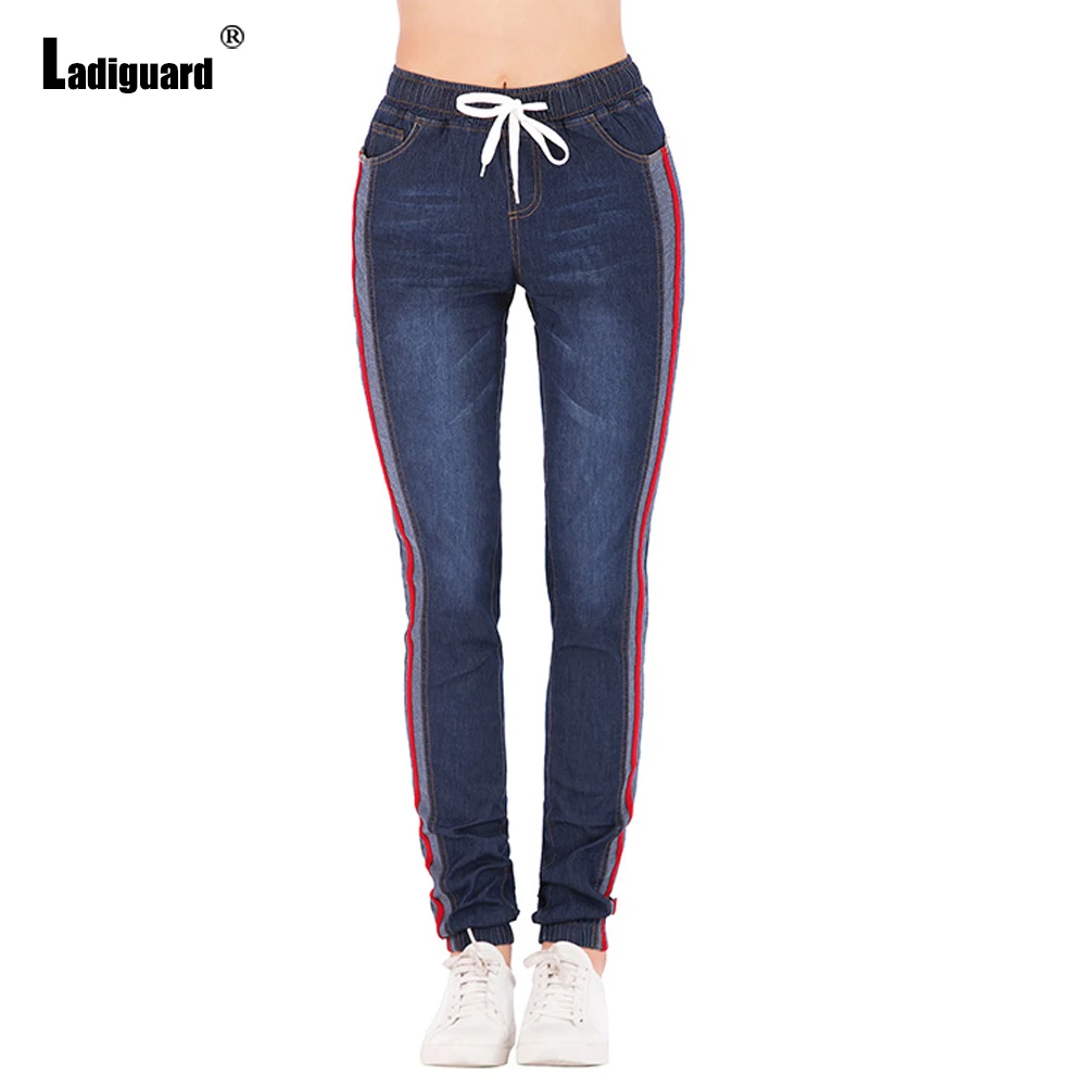 Ladiguard Women High Cut Demin Pants Sexy Fashion Jeans Ladies Spliced Stripes Trouser 2022 Spring New Casual Drawstring Pants