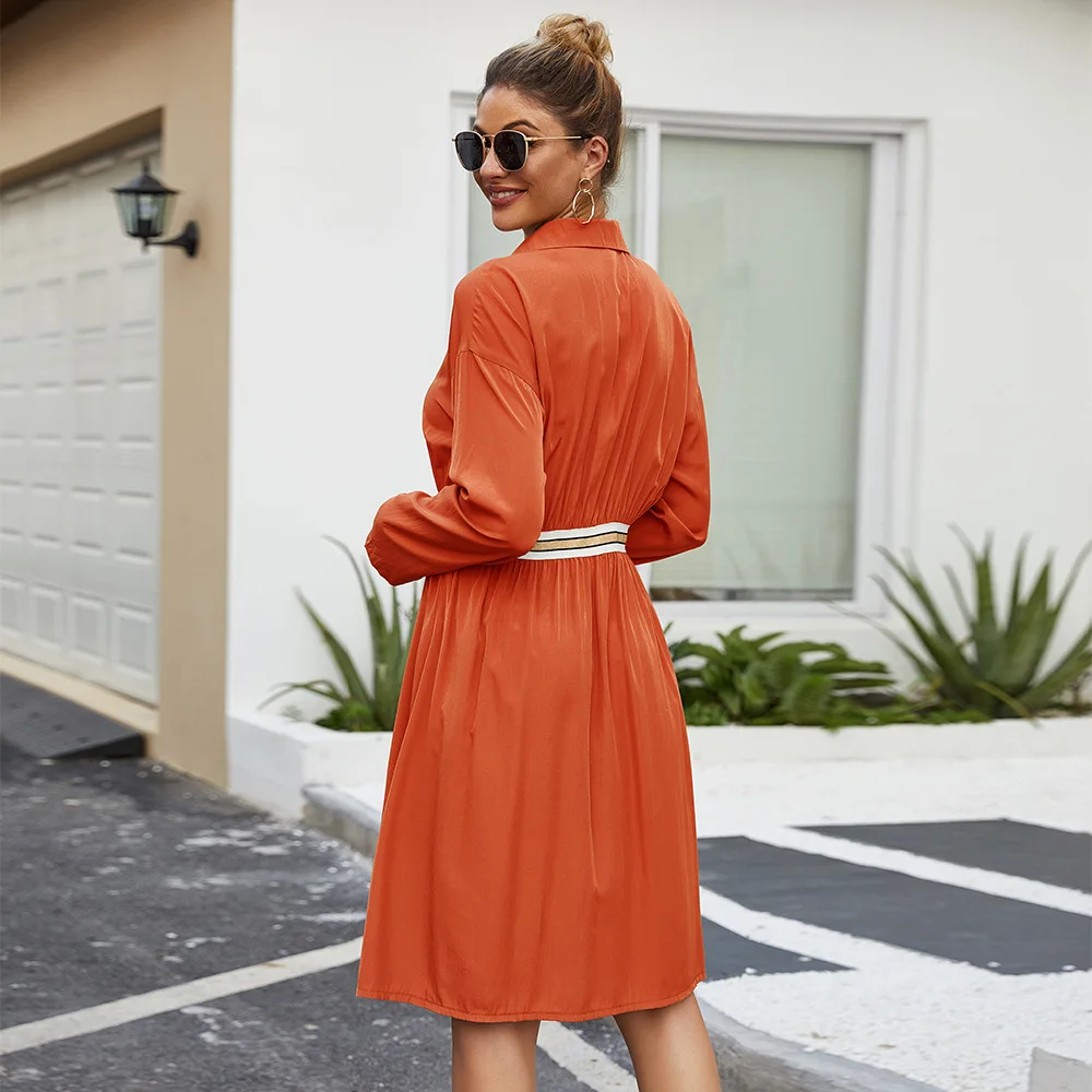 

2020 Spring Dress Women's Splicing Long Sleeve Lapel Medium Length Single Breasted Waist Closing Casual Women's Shirt Dress