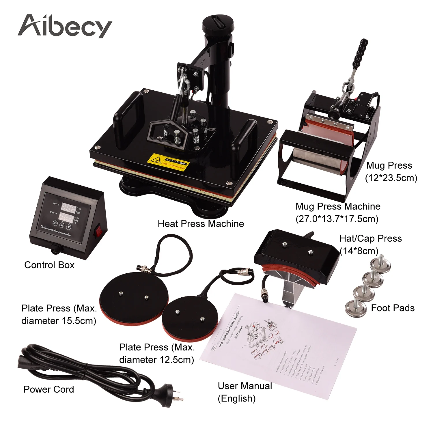 Aibecy 12*15 дюймов 360 градусов вращения 5 в 1 комбинированный тепловой пресс машина