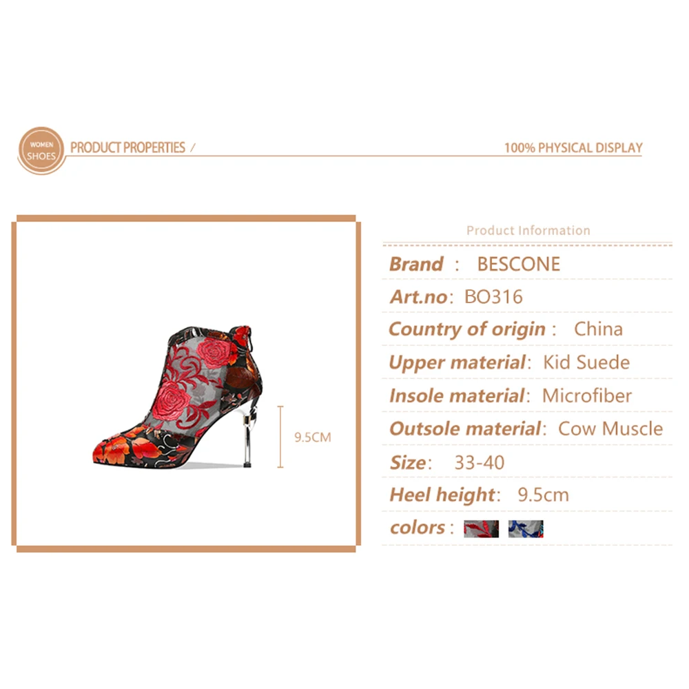 

BESCONE Sexy Pointed Toe Boots Women's Thin Heel Elegant Fashion Design Printing High Quality Kid Suede Shoes Ankle Boots BO316