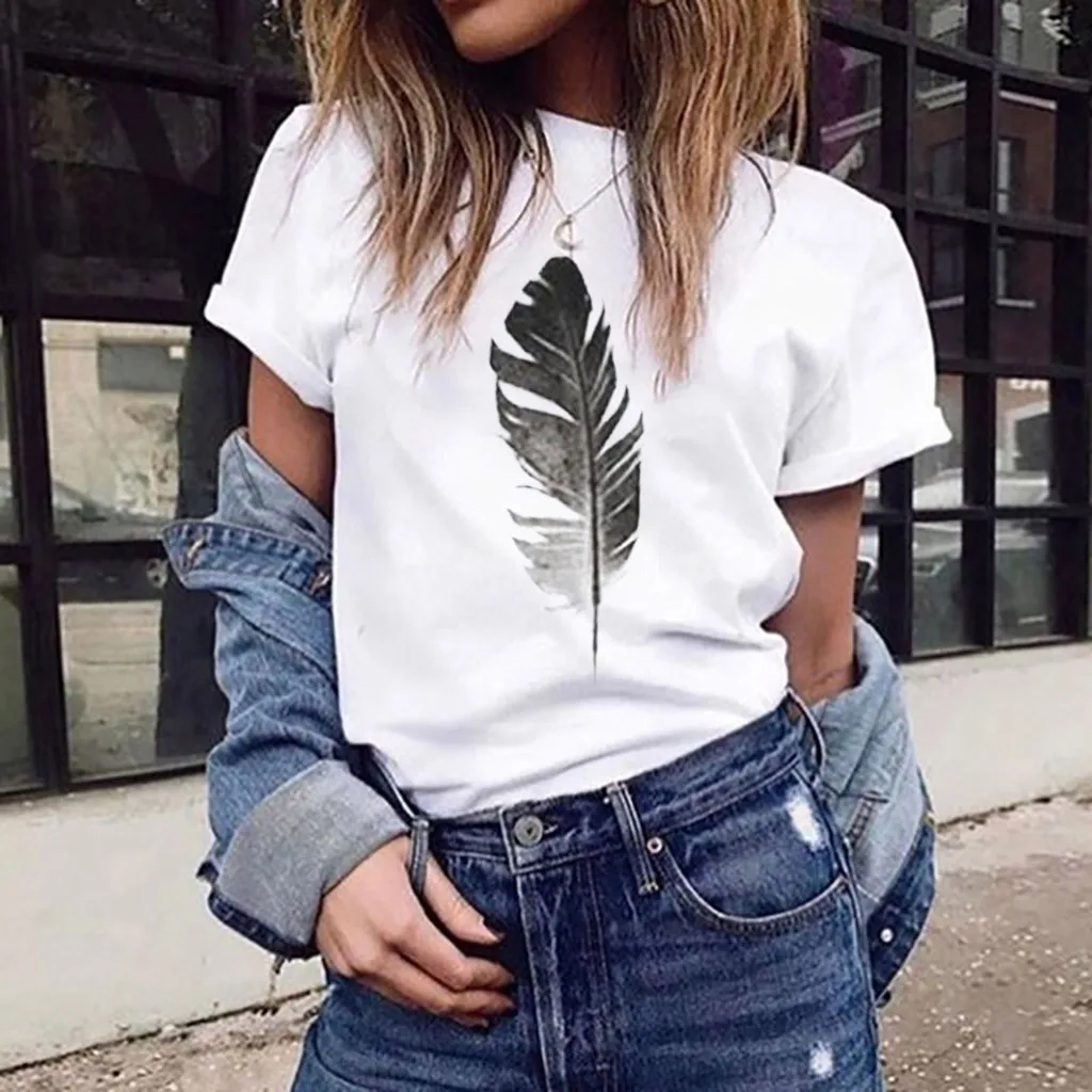 

Funny Women's Blouses Leaf Print Harajuku Short-sleeved O-neck Women Shirt Lady Tops Shirts Vogue Summer Feather Blouses Print