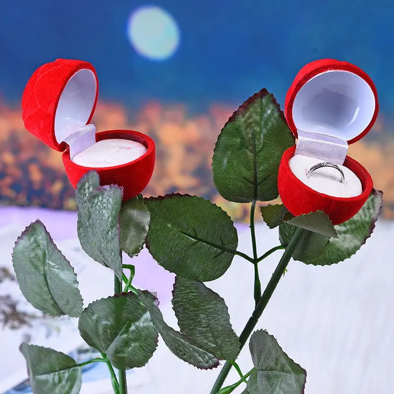 

1pc Valentines Gift Box Romantic Rose Flower with Rod Ring Box Velvet Creative Gift Box Jewelry Packaging Wedding Bouquet Decor