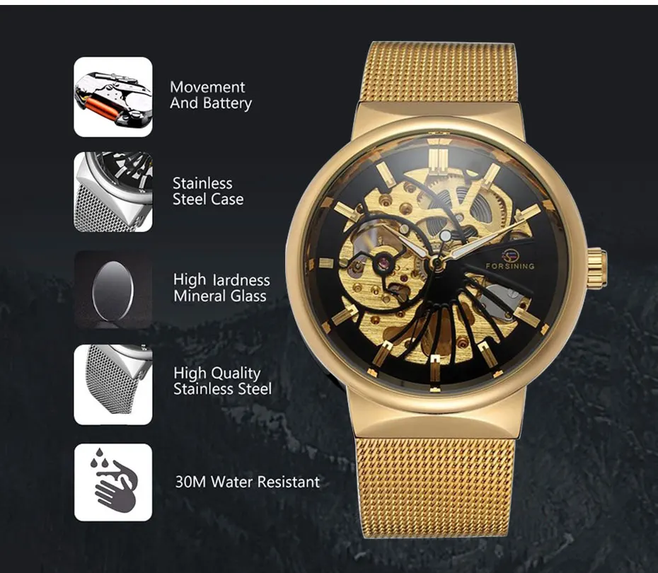 Forsining Transparent Case 2019 Fashion 3D Logo Engraving Golden Stainless Steel Men Mechanical Watch Top Brand Luxury Skeleton | Наручные