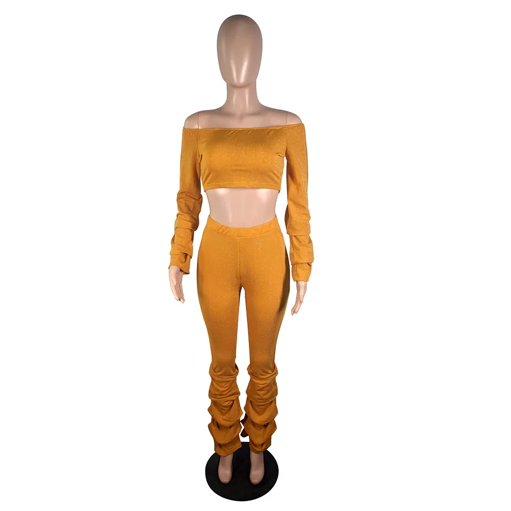 ANJAMANOR мода 2020 с рюшами открытыми плечами комплект из двух предметов топ и штаны 2