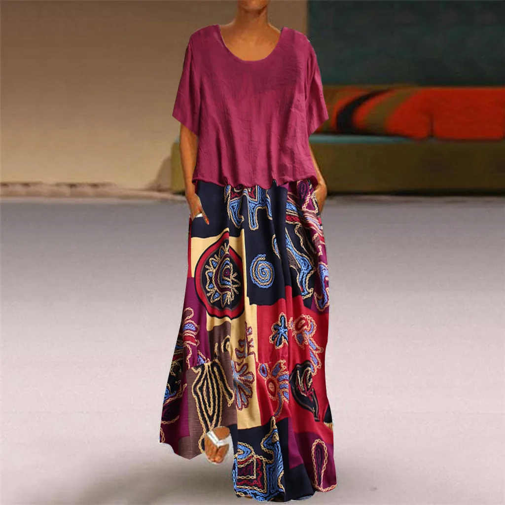 CHAMSGEND размера плюс лоскутное летнее платье из двух частей женское Винтажное с