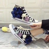 spring 2021 new high top canvas shoes for women hand tailored flower pearl students fashion casual shoes lady sneakers