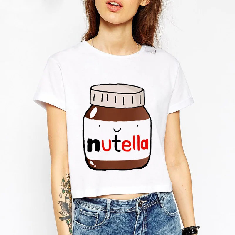 Летняя женская облегающая футболка с принтом nutella белый укороченный топ футболки