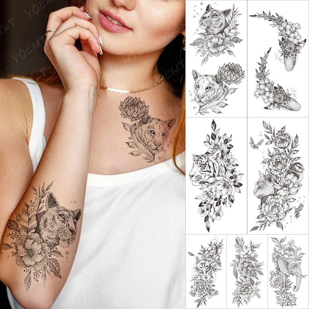 Waterproof Temporary Tattoo Sticker Leopard simple line flowers Flash Tattoos Lotus plant Body Art Arm Fake Tatoo Women Men