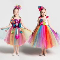 girls school performance costumes kids rainbow candy knitting dress children lollipop modeling tulle ball gown with headband