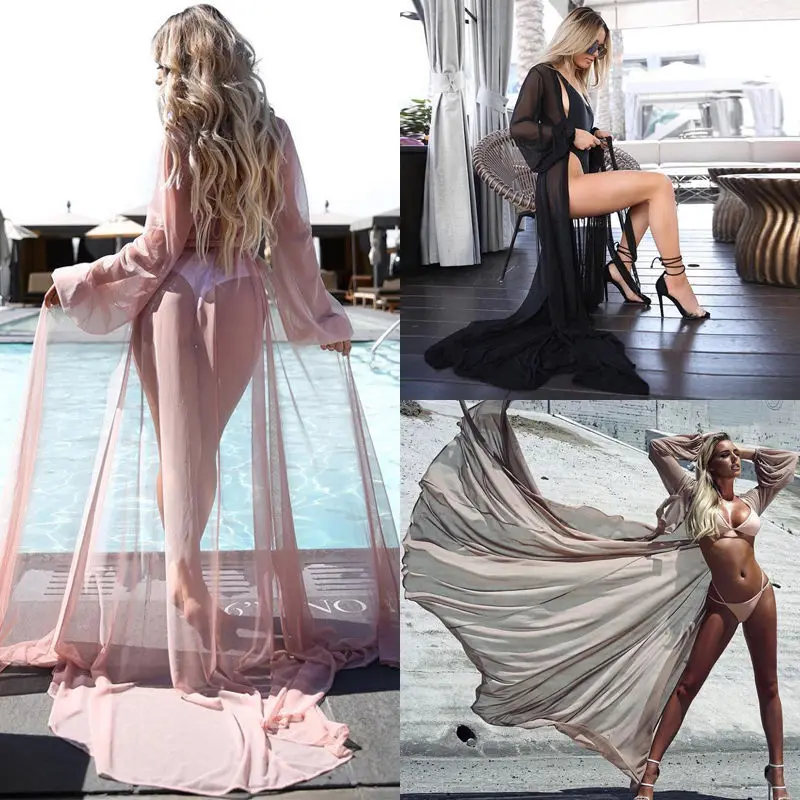 

Hot Women Chiffon White See through Bikini Cover Up Swimsuit Swimwear Beach Shirt Anklet Length Sexy Beach Bathing Suit 2019 Hot