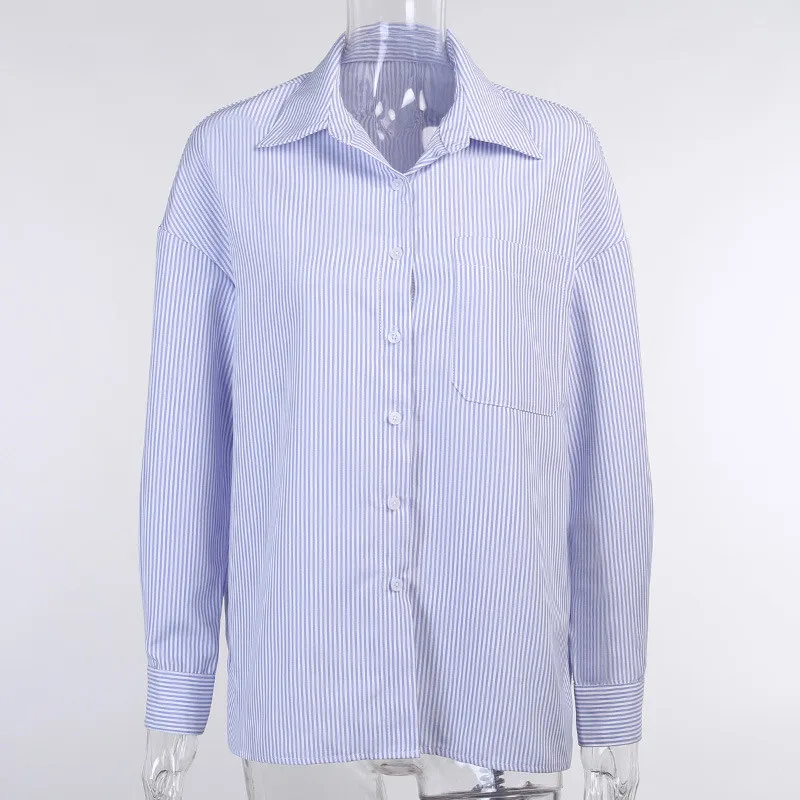 

Casual Blue Striped Long Sleeve Blouse Women Blusa Loose Long Shirts Elegant Turn Down Collar Button Women Blouses Female Tops