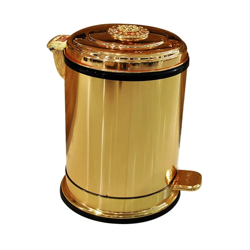 

Luxury Golden pedal metal trash can upscale hotel villa kitchen living room bathroom covered garbage storage bucket dustbin