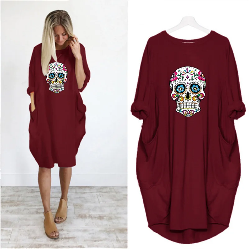 

Vintage Loose Dresses Plus Size Women Skull Print Casual Long Sleeve Pockets Vestidos Party Femme Robe Woman Dress Streetwear