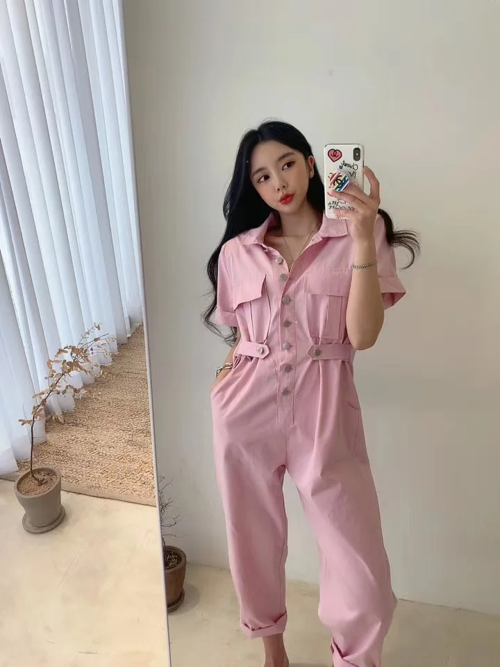 

VICONE Top Quality 100% Cotton Jumpsuits wide-legged pants show thin tall waist tooling baggy pants jumpsuits women summer