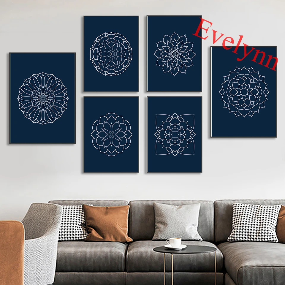 

Simple Dark Blue Mandala Poster,Minimalist Boho Abstract Modern Living Room Decor Canvas Nordic Wall Art Prints Unique Gift