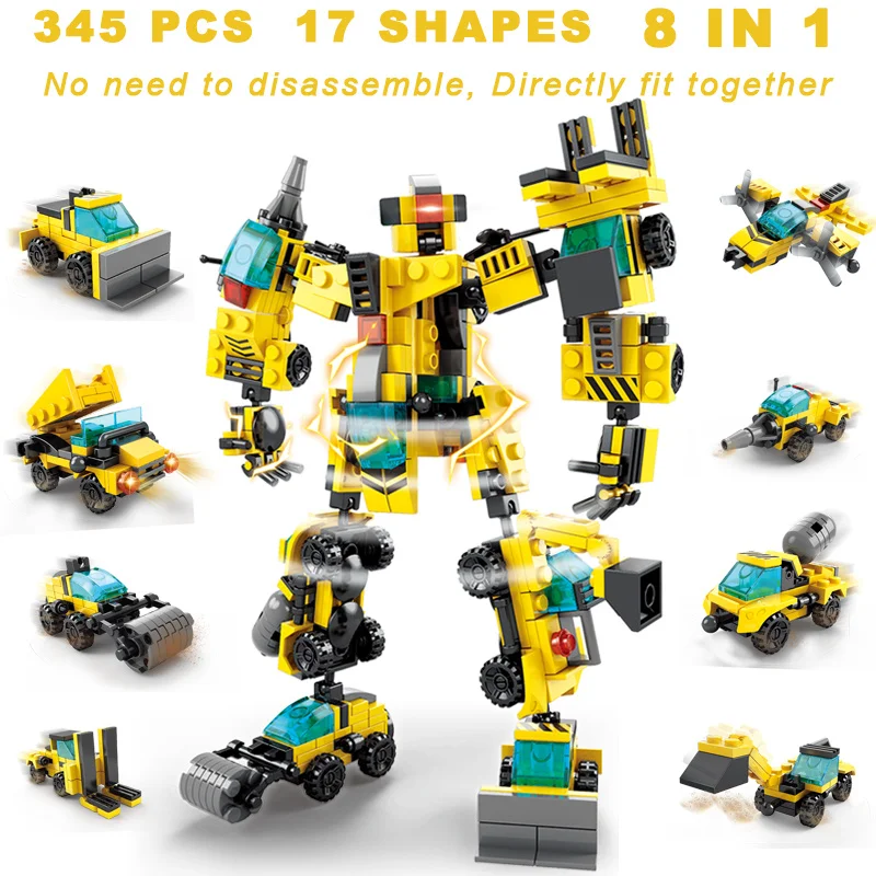 

345PCS Lepins Blocks Children's Toys Yellow Robot Crane Excavator Engineering Bricks For Boys Compatible With Brand Building Kit